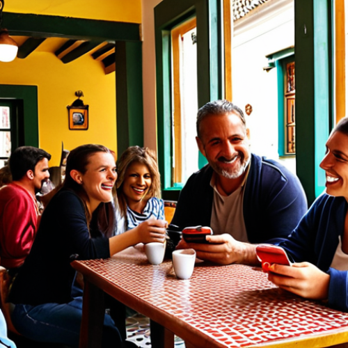 Home 11 **Image Prompt 1: Authentic Portuguese Connection**
"A cozy scene inside a traditional Portuguese café, bathed in warm, natural sunlight. A small group of friends (2-3 people) are deeply engaged in conversation, laughing genuinely. Their smartphones are conspicuously absent from the table, or placed face-down, emphasizing their presence. In the background, hints of classic Portuguese architecture with colorful azulejos or a glimpse of a cobblestone street. The atmosphere is one of authentic connection, joy, and a mindful escape from digital distractions. Focus on genuine human interaction and a relaxed, unhurried pace. Volumetric lighting, soft focus."