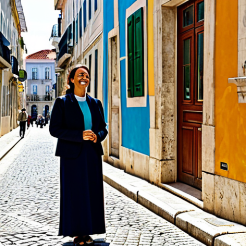 Home 6 A calm adult woman, fully clothed in modest, comfortable city attire, stands on a sunlit, historic Lisbon street. She is mindfully observing the intricate details of a colorful street art mural, a soft smile on her face. Her posture is relaxed and natural, embodying a sense of presence amidst the urban bustle. The background features charming Portuguese architecture and a cobblestone street. Appropriate content, safe for work, family-friendly, perfect anatomy, correct proportions, natural pose, well-formed hands, proper finger count, natural body proportions, professional photography, high quality.