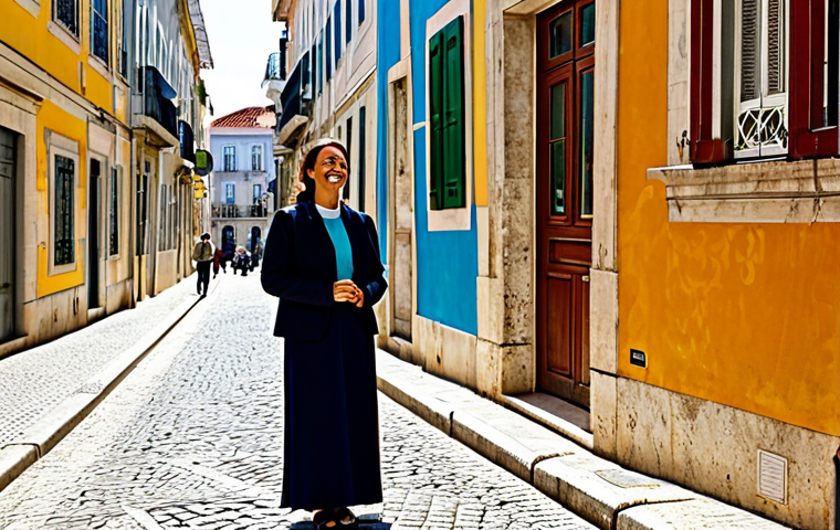 A calm adult woman, fully clothed in modest, comfortable city attire, stands on a sunlit, historic Lisbon street. She is mindfully observing the intricate details of a colorful street art mural, a soft smile on her face. Her posture is relaxed and natural, embodying a sense of presence amidst the urban bustle. The background features charming Portuguese architecture and a cobblestone street. Appropriate content, safe for work, family-friendly, perfect anatomy, correct proportions, natural pose, well-formed hands, proper finger count, natural body proportions, professional photography, high quality.