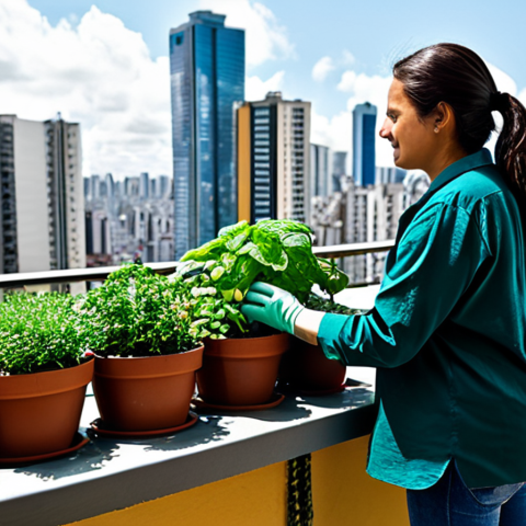 Urban Gardening Oasis**
A woman tending to her small urban garden on a balcony in São Paulo, Brazil. The balcony is filled with potted herbs like manjericão (basil) and hortelã (mint), along with vibrant succulents. She is fully clothed in comfortable, modest clothing, perhaps gardening gloves. The background shows the city skyline. safe for work, appropriate content, fully clothed, perfect anatomy, natural proportions, professional photography, high quality, family-friendly.
**