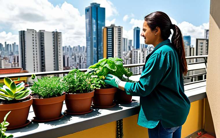Urban Gardening Oasis**
A woman tending to her small urban garden on a balcony in São Paulo, Brazil. The balcony is filled with potted herbs like manjericão (basil) and hortelã (mint), along with vibrant succulents. She is fully clothed in comfortable, modest clothing, perhaps gardening gloves. The background shows the city skyline. safe for work, appropriate content, fully clothed, perfect anatomy, natural proportions, professional photography, high quality, family-friendly.
**