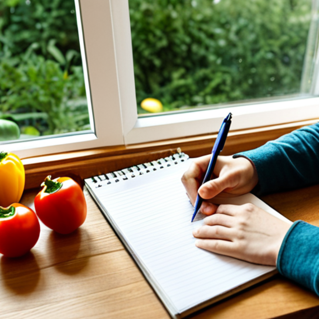 Preparing a Shopping List**
"A person sits at a wooden kitchen table, writing a shopping list with a pen in a notebook, surrounded by fresh vegetables like tomatoes and peppers. The scene is warm and inviting, with natural sunlight filtering through a window. fully clothed, appropriate attire, safe for work, perfect anatomy, natural proportions, professional photography, high quality, modest, family-friendly."
**