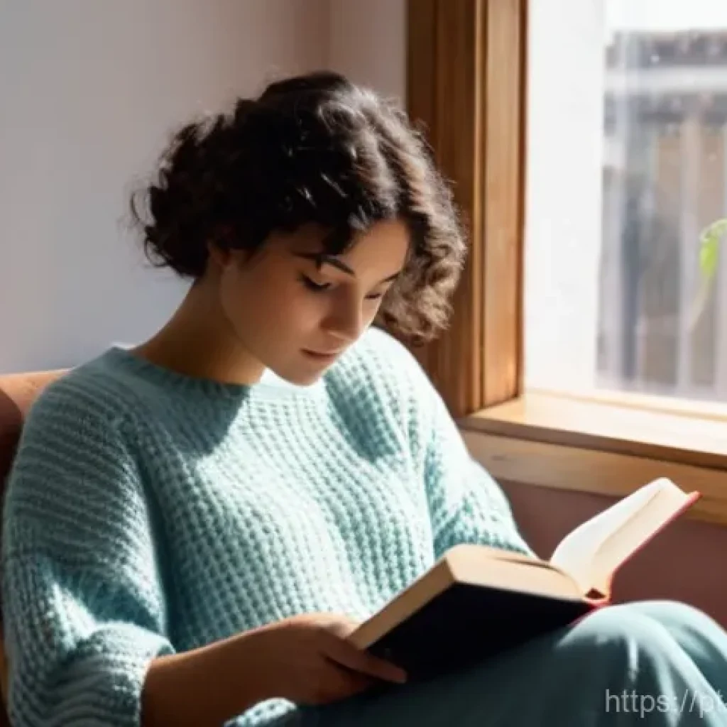 느린 생활을 위한 독서 목록 추천 - **"A young woman, aged 20s, with short, curly dark hair, is peacefully immersed in reading a physica...