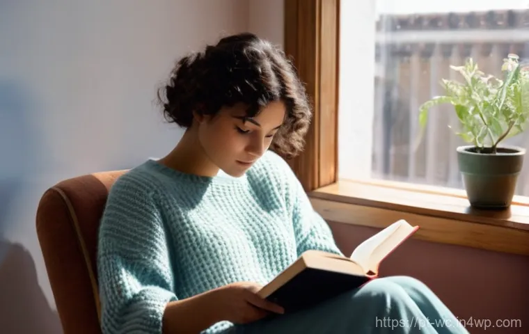 느린 생활을 위한 독서 목록 추천 - **"A young woman, aged 20s, with short, curly dark hair, is peacefully immersed in reading a physica...