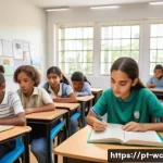Home 18 느린 생활 철학의 교육적 접근 - A warm and inviting classroom scene in a modern Brazilian school, where diverse students of various ...