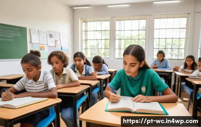느린 생활 철학의 교육적 접근 - A warm and inviting classroom scene in a modern Brazilian school, where diverse students of various ...