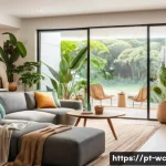 Home 17 느린 생활을 위한 자원 관리 기술 - A cozy, modern Brazilian home interior during daytime, with large windows allowing abundant natural ...
