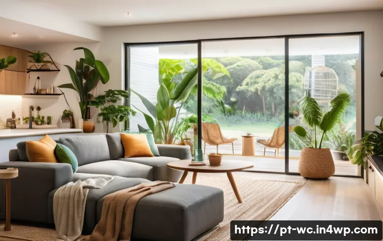 느린 생활을 위한 자원 관리 기술 - A cozy, modern Brazilian home interior during daytime, with large windows allowing abundant natural ...