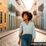 Home 16 도시에서 느린 생활과 인간관계 탐구 - A serene urban scene during golden hour showing a young adult woman leisurely walking through a quie...
