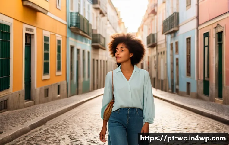 도시에서 느린 생활과 인간관계 탐구 - A serene urban scene during golden hour showing a young adult woman leisurely walking through a quie...