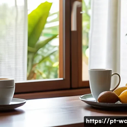Home 15 느린 생활 철학의 적용 사례 - A cozy breakfast scene in a bright, sunlit kitchen of a modern Brazilian home, featuring a wooden ta...
