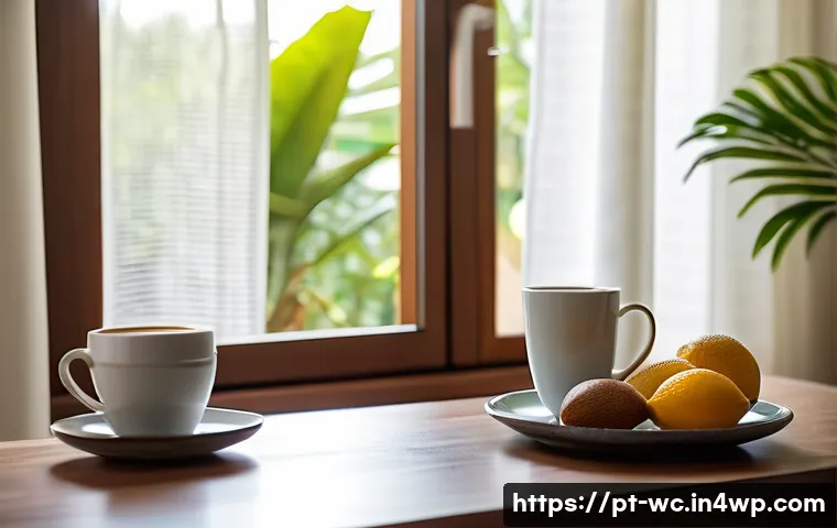 느린 생활 철학의 적용 사례 - A cozy breakfast scene in a bright, sunlit kitchen of a modern Brazilian home, featuring a wooden ta...