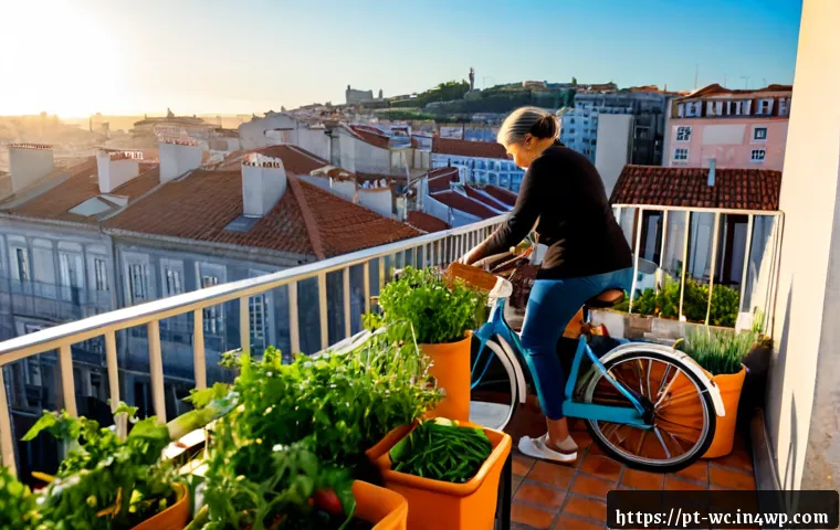 Home 17 도시 속 느린 생활의 지속 가능성 - Photorealistic slow urban living scene in a sunlit Lisbon apartment balcony, a middle-aged Portugues...